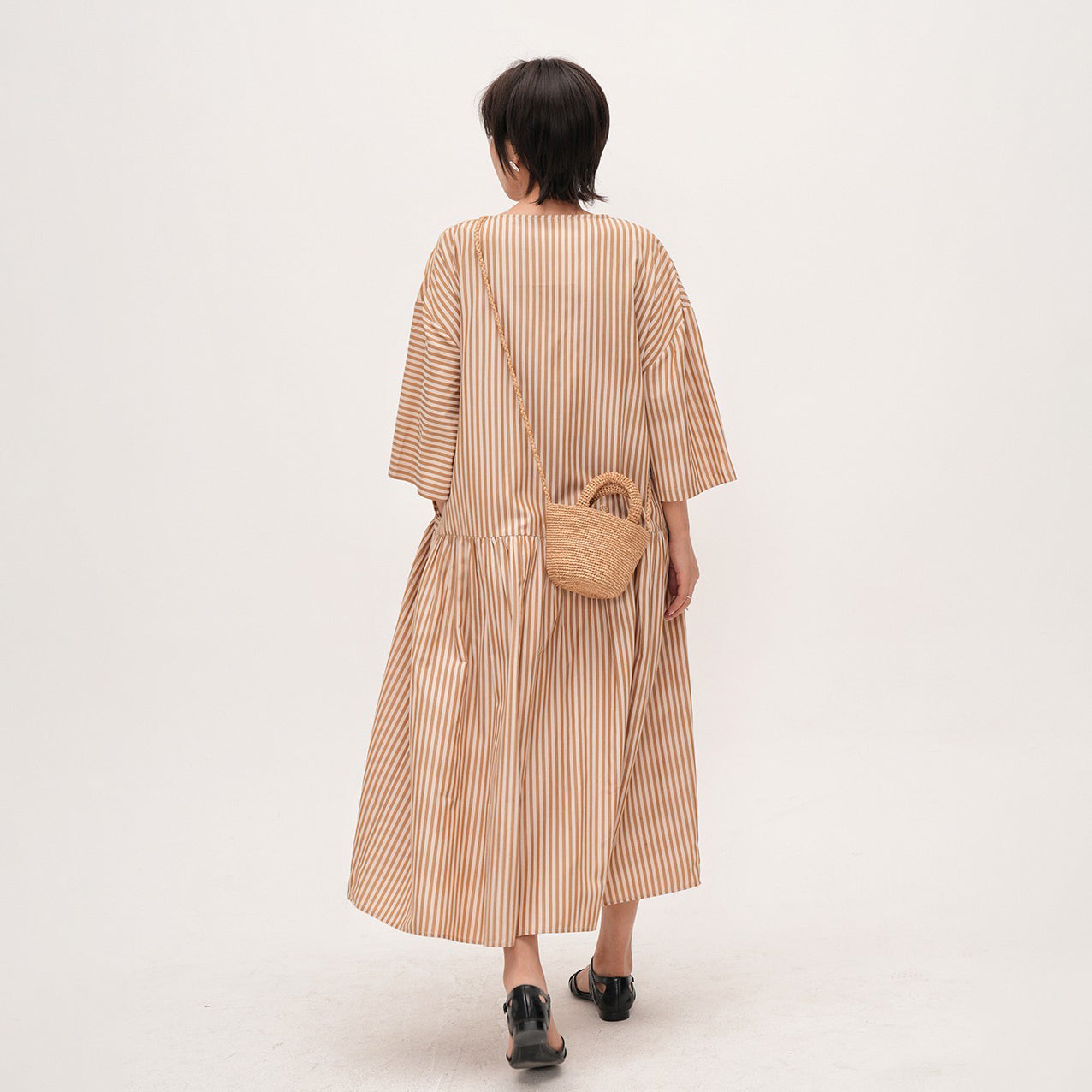 【ワンピース】夏新作 ストライプ切り替え ラウンドネックワンピース 七分袖 ゆったり着痩せロングドレス【JZシリーズ】【SHシリーズ】