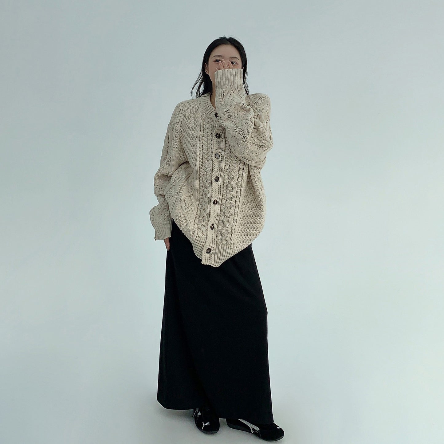 【トップス】ゆったり落ち感 厚手ケーブル編み ニットカーディガン【FCシリーズ】