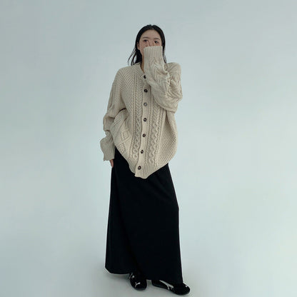 【トップス】ゆったり落ち感 厚手ケーブル編み ニットカーディガン【FCシリーズ】