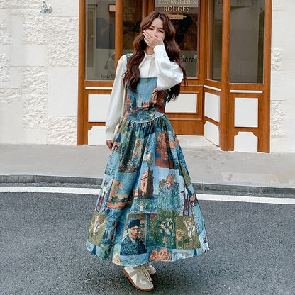 【セットアップ】学院風シャツ＋花柄ノースリーブワンピース レディース 春秋2025新作 人気 高級感 ワンピース【SHシリーズ】