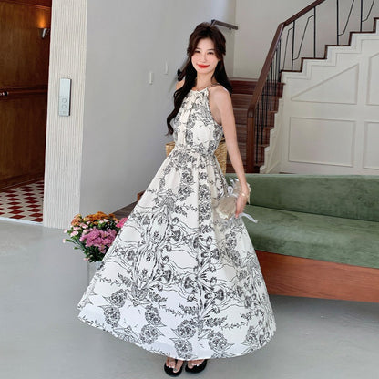 【ワンピース】フレンチ高級感 水墨画風プリント ホルターオフショル ノースリーブワンピース【SHシリーズ】