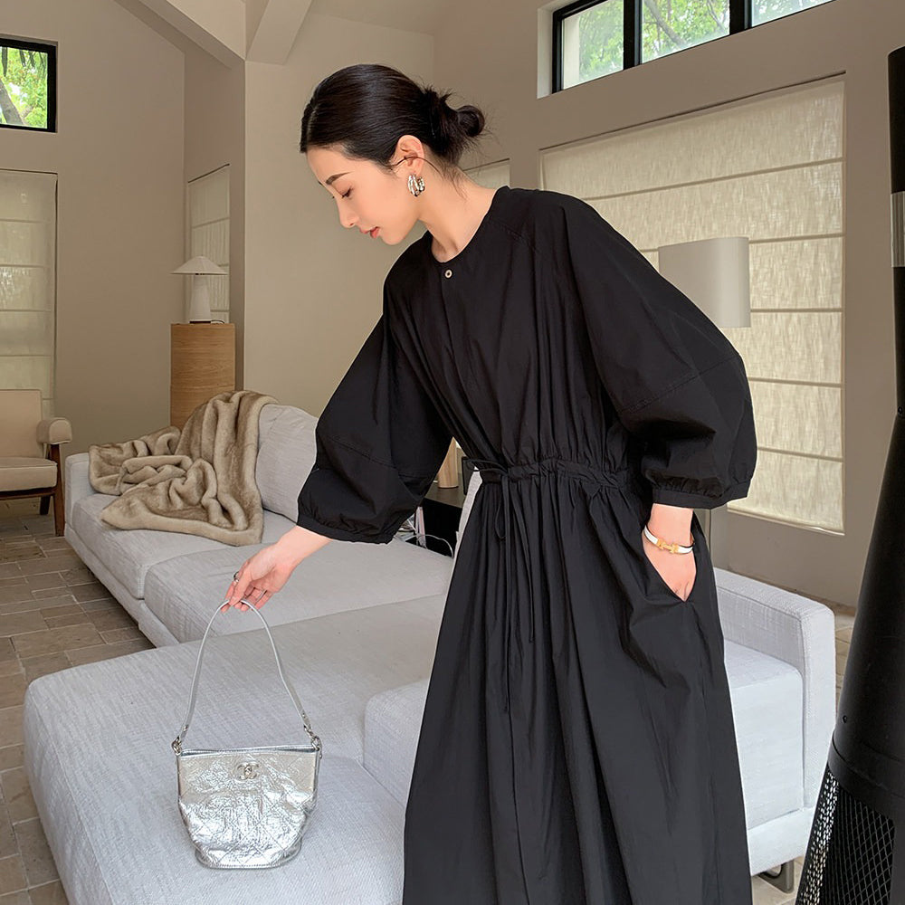 【ワンピース】プリーツゴムウエスト ゆったりワンピース 綿100% ブラック 長袖 通勤にぴったりなフレアシャツワンピース【JZシリーズ】
