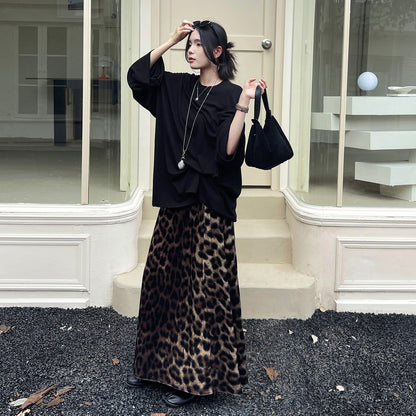 【ボトムス】ベルベットスカート 初秋新作 ハイウエスト スリム見え Aライン  レオパード柄 デザイン性スカート【SHシリーズ】