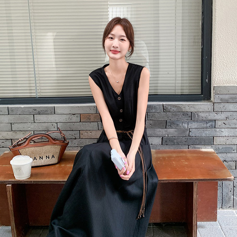 【ワンピース】 上品Vネック ノースリーブワンピース レディース 夏 フレンチ風 大人っぽ 高級感 ウエストマーク細見え ロング丈ドレス【JZシリーズ】