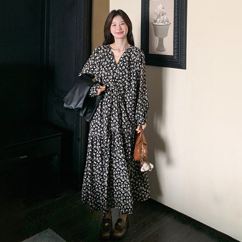 2点セット【セットアップ】PUレザーベスト+ 花柄 長袖ワンピース 2点セット レディース 春秋 高級感  韓国風 コーディネート おしゃれ【SHシリーズ】