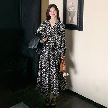 2点セット【セットアップ】PUレザーベスト+ 花柄 長袖ワンピース 2点セット レディース 春秋 高級感  韓国風 コーディネート おしゃれ【SHシリーズ】