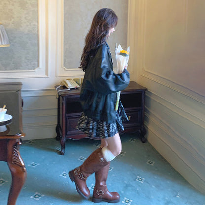 【ワンピース】レトロ ブラック花柄 長袖ワンピース レディース 春秋 ドールワンピース Aライン 大人可愛い 上品【SHシリーズ】