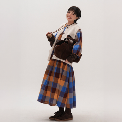 【ワンピース】クルーネック レトロ チェック柄 文芸風 ロングワンピース  【JZシリーズ】