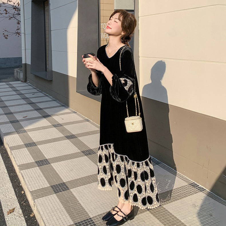 ワンピース】ブラック ベルベット 長袖ワンピース レディース A ワンピース】ブラック ベルベット 長袖ワンピース レディース A