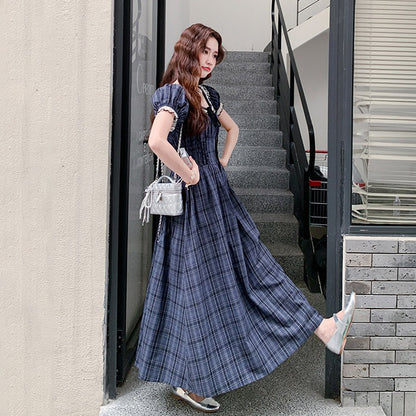 【ワンピース】レトロチェックワンピース レディース 夏 パフスリーブ ノースリーブ ロングワンピース 上品 フレンチ【JZシリーズ】