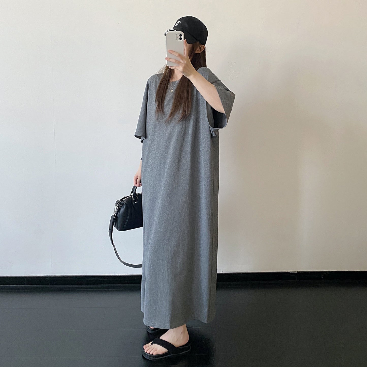 【ワンピース】スリットデザイン Tシャツワンピース ゆったりシルエット ルーズ リラックス 半袖 ロングドレス【FCシリーズ】