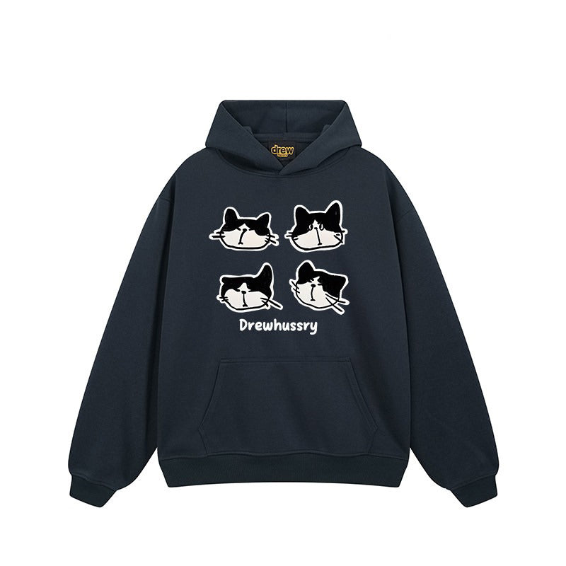 【トップス】🐱カートゥーン猫プリント裏起毛パーカー ユニセックス ペアルック 秋冬 カジュアル【FCシリーズ】