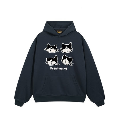 【トップス】🐱カートゥーン猫プリント裏起毛パーカー ユニセックス ペアルック 秋冬 カジュアル【FCシリーズ】