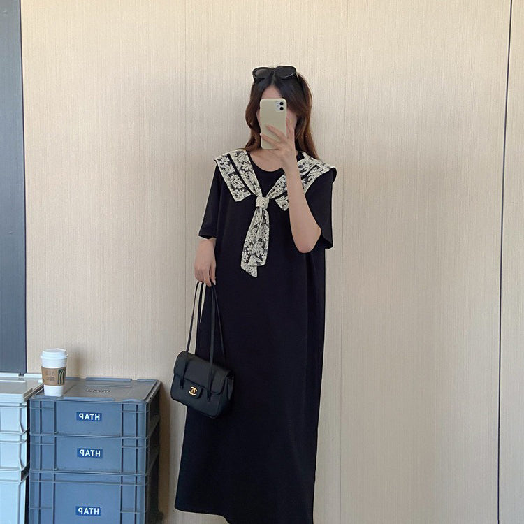 【ワンピース】フレンチ風ブラックワンピース レディース 夏 ケープデザイン 半袖  シンプル上品 ロング丈 大人可愛い【JZシリーズ】