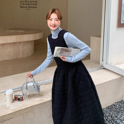 【ワンピース】韓国風  チェック柄  中綿入り ノースリーブワンピース 花びらシルエット レディース 秋冬新作【JZシリーズ】