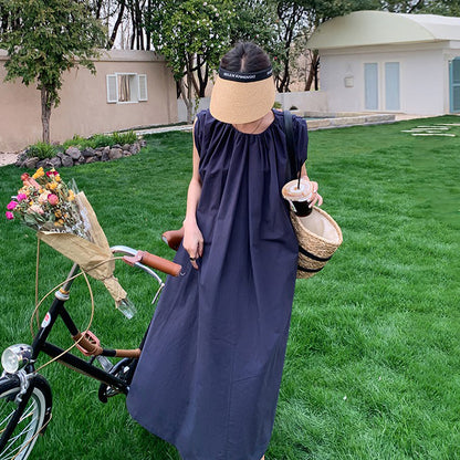 【ワンピース】ネイビーブルー ノースリーブ ワンピース 夏 リラックス系 小規模ブランド おしゃれ ゆったり 万能 ロングドレス【JZシリーズ】