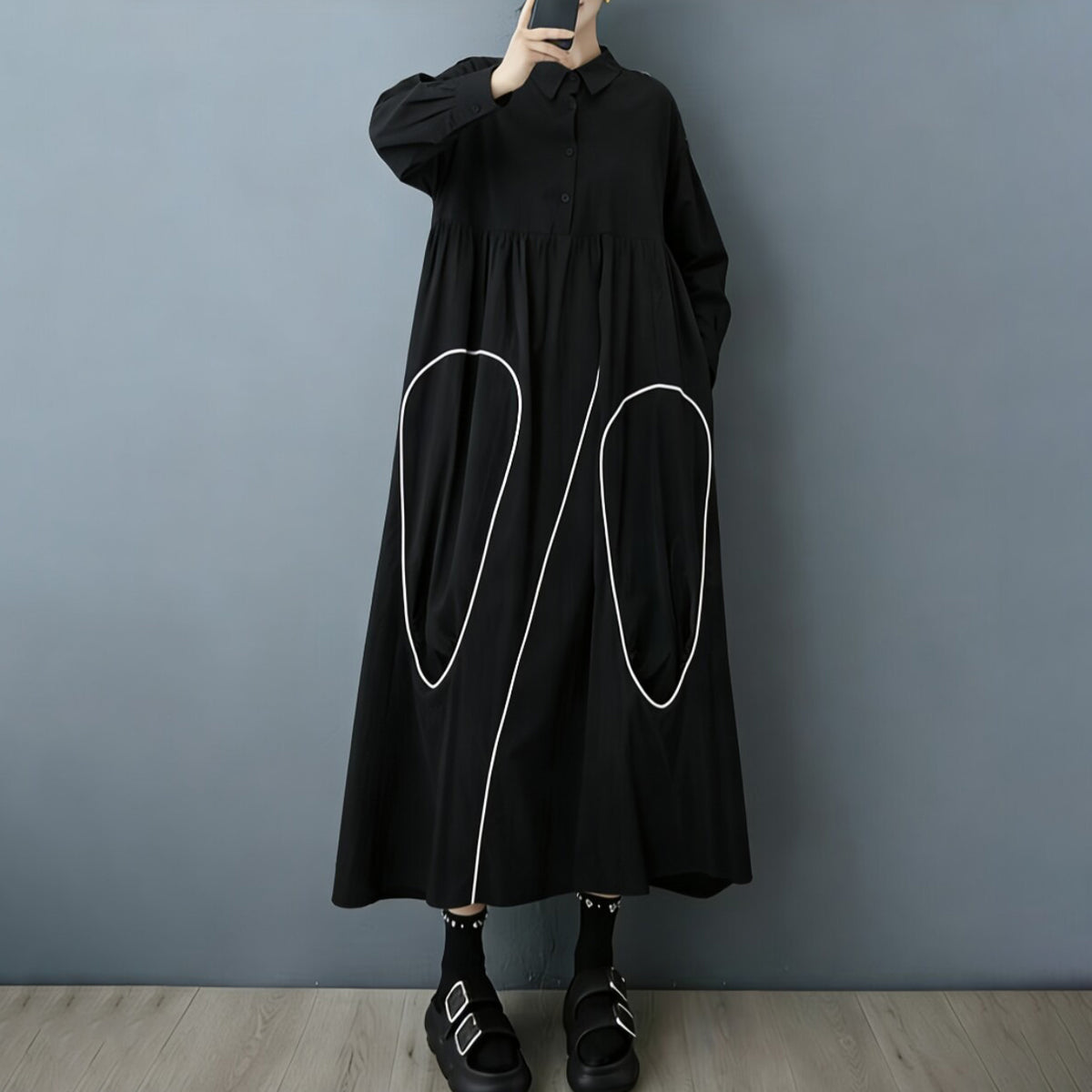 【ワンピース】ダークモードアシンメトリーデザイン配色シャツワンピース レディース 2026春秋新作 韓国風 カジュアル【JZシリーズ】