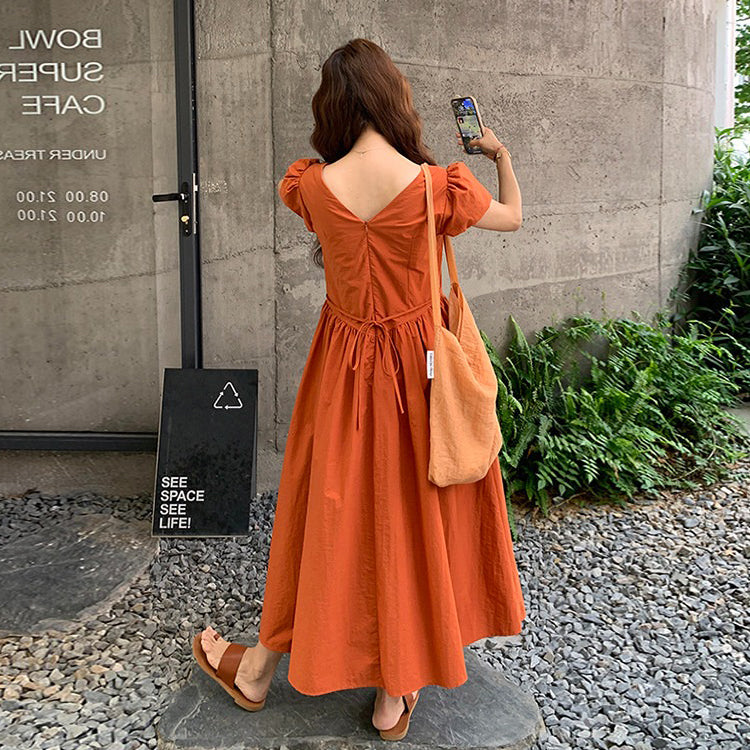 【ワンピース】オレンジ フレアワンピース レディース Vネック パフスリーブ ナチュラル エレガント 夏新作 半袖【JZシリーズ】