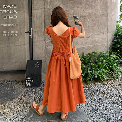 【ワンピース】オレンジ フレアワンピース レディース Vネック パフスリーブ ナチュラル エレガント 夏新作 半袖【JZシリーズ】
