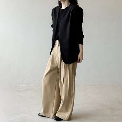 【アウター】気質 ノーカラー ジャケット レディース パッド入りショルダー 秋新作 高級感 ゆったり スーツジャケット【JZシリーズ】