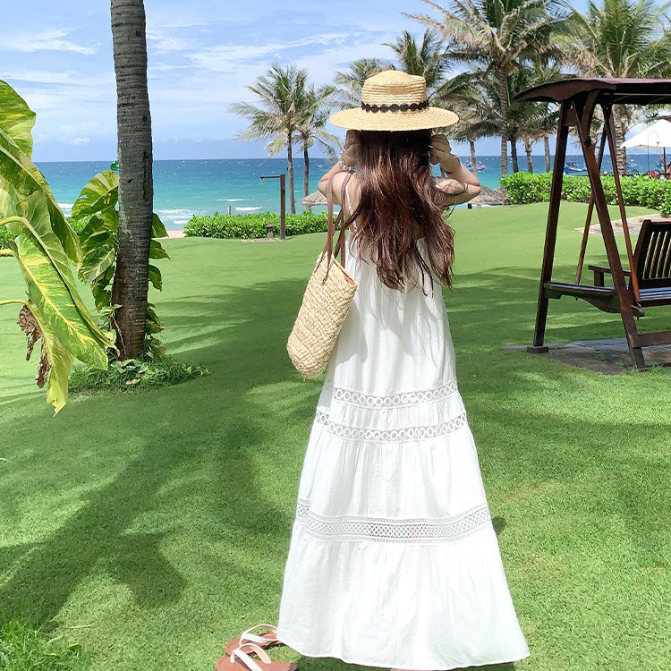 【ワンピース】リゾート風 ホワイト Vネック キャミワンピース 夏 レディース ゆったり ノースリーブロングドレス【JZシリーズ】