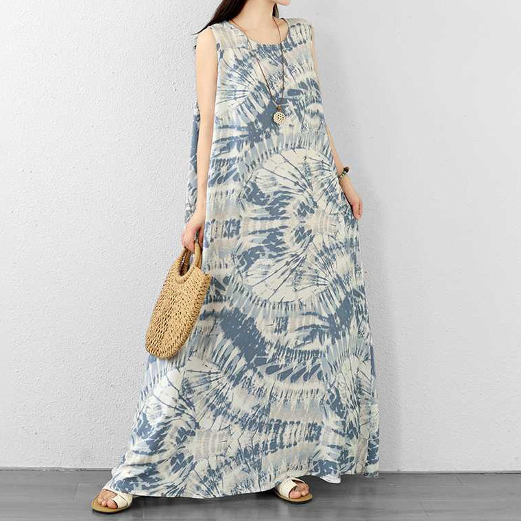 【ワンピース】韓国風 タイダイ柄ワンピース レディース 夏 ノースリーブ ブルー ゆったり ロング丈 体型カバー【SHシリーズ】