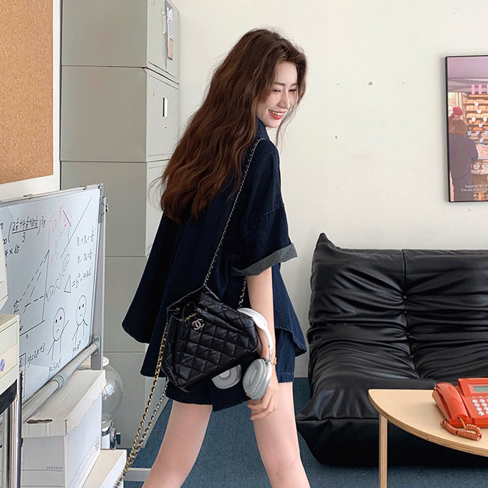 2点セット！【セットアップ】レトロデニムシャツ＆ワイドショートパンツ 上下セット 大人カッコいい＆若見えスタイル【JZシリーズ】