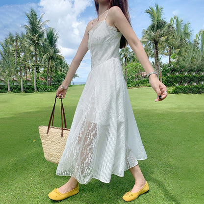 【ワンピース】リゾート風 フレンチ ホワイトレース ノースリーブワンピース 夏 レディース ウエストマーク キャミワンピース【JZシリーズ】