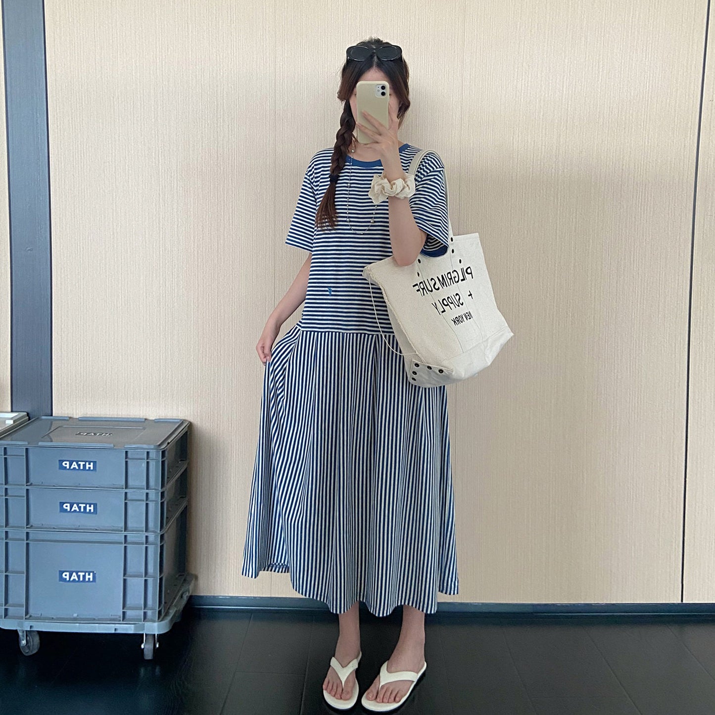 【ワンピース】ボーダー切替Tシャツワンピース レディース 夏 半袖 ロング丈 韓国風 ゆったりシルエット リラックスカジュアル【JZシリーズ】