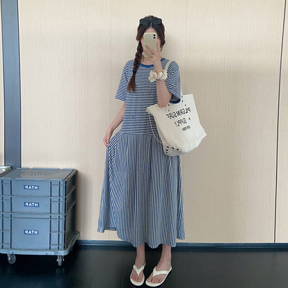 【ワンピース】ボーダー切替Tシャツワンピース レディース 夏 半袖 ロング丈 韓国風 ゆったりシルエット リラックスカジュアル【JZシリーズ】