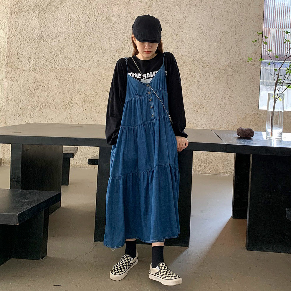 【ワンピース】韓国ファッション デニムノースリーブワンピース 春新作 ゆったり体型カバー 小顔効果 プリーツ入り フレアロング丈 おしゃれデザイン【JZシリーズ】