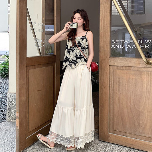 2点セット！【セットアップ】韓国風刺繍キャミソールブラウス＋ワイドレッグパンツ カジュアル上下セット【SHシリーズ】