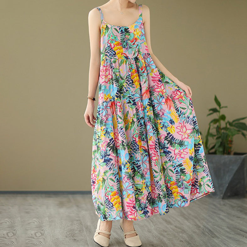 【ワンピース】森ガール風 綿麻花柄キャミソールワンピース 軽やかで涼しい薄手素材 ノースリーブワンピース【SHシリーズ】