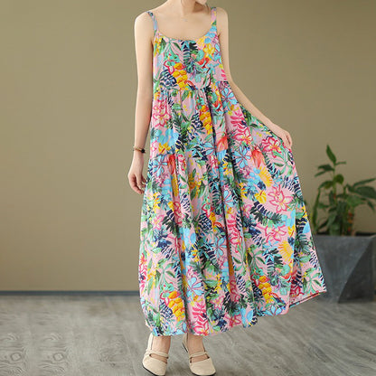 【ワンピース】森ガール風 綿麻花柄キャミソールワンピース 軽やかで涼しい薄手素材 ノースリーブワンピース【SHシリーズ】