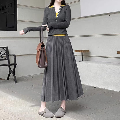 【ボトムス】エレガント ウール調 プリーツスカート 秋冬 Aライン ミディ丈 ヒップカバー 体型カバー【JZシリーズ】