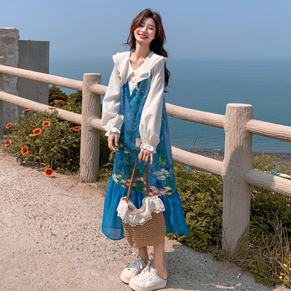 【ワンピース】スイート 花柄 チェック 切り替え 長袖ワンピース レディース 春秋 細見え 可愛い マーメイドワンピース【シリーズ】