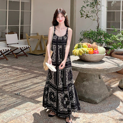 【ワンピース】フレンチヴィンテージ ボヘミアン ノースリーブワンピース 夏 高見え キャミソールロングドレス【SHシリーズ】