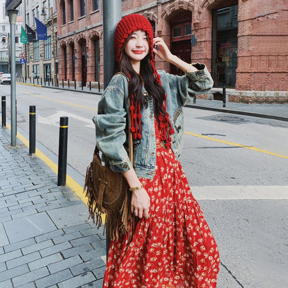 【セットアップ】ボヘミアン風 ウォッシュド加工 デニムジャケット＋ノースリーブワンピース 春秋 フレンチ 花柄 2点セット【SHシリーズ】