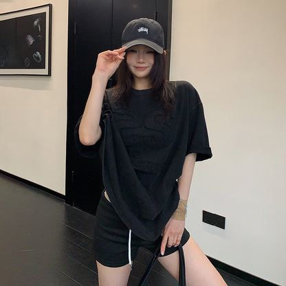 【トップス】ウォッシュ加工 ワッペン刺繍Tシャツ レディース 夏 ルーズ 半袖 ストリート【FCシリーズ】