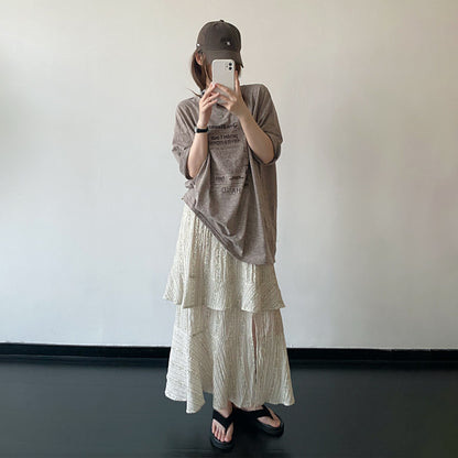 【トップス】ヴィンテージ風 Tシャツ レディース 夏 ミルクティーブラウン 半袖 レタープリント ダメージ加工 ルーズフィット ダークシック 人気【FCシリーズ】
