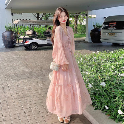 【ワンピース】フレンチ風Vネックワンピース レディース 長袖 ロング丈 上品 きれいめ【SHシリーズ】