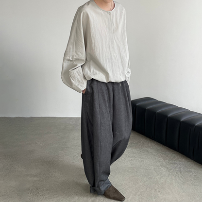 【トップス】ドロップショルダー シャツ 新作 ラウンドネック 長袖 ドローストリング ゆったり 体型カバー 上品【JZシリーズ】