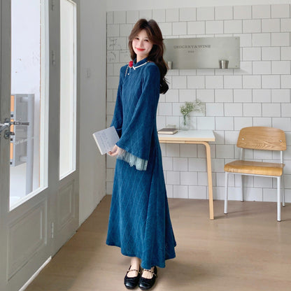 【ワンピース】チャイナドレス風 長袖ワンピース ダイヤ柄デザイン レース切替 フレアスリーブ 上品で華やかな ロングドレス【JZシリーズ】