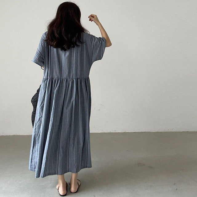 【ワンピース】【JZシリーズ】Vネック 半袖ワンピース｜レトロな雰囲気×楽ちんポケット付きロング丈・ゆったりシルエット