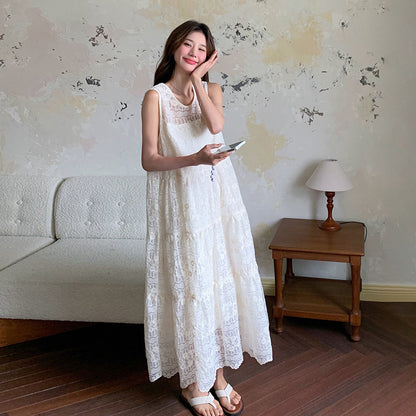 【ワンピース】夏 海辺リゾート風 レース刺繍 ロング丈 気質スタイル ノースリーブワンピース