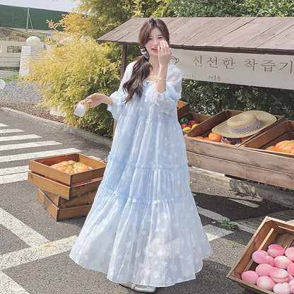 【ワンピース】ライトブルー 七分袖 小花柄 ワンピース レディース 夏 ロマンチック スイート系 フレアシルエット フェアリードレス【SHシリーズ】