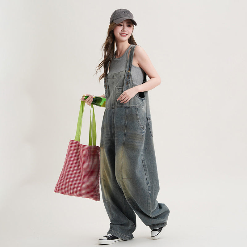 【ボトムス】ヴィンテージデニム サロペット レディース ワイドパンツ ルーズフィット ワークスタイル カジュアル オールインワン【JZシリーズ】
