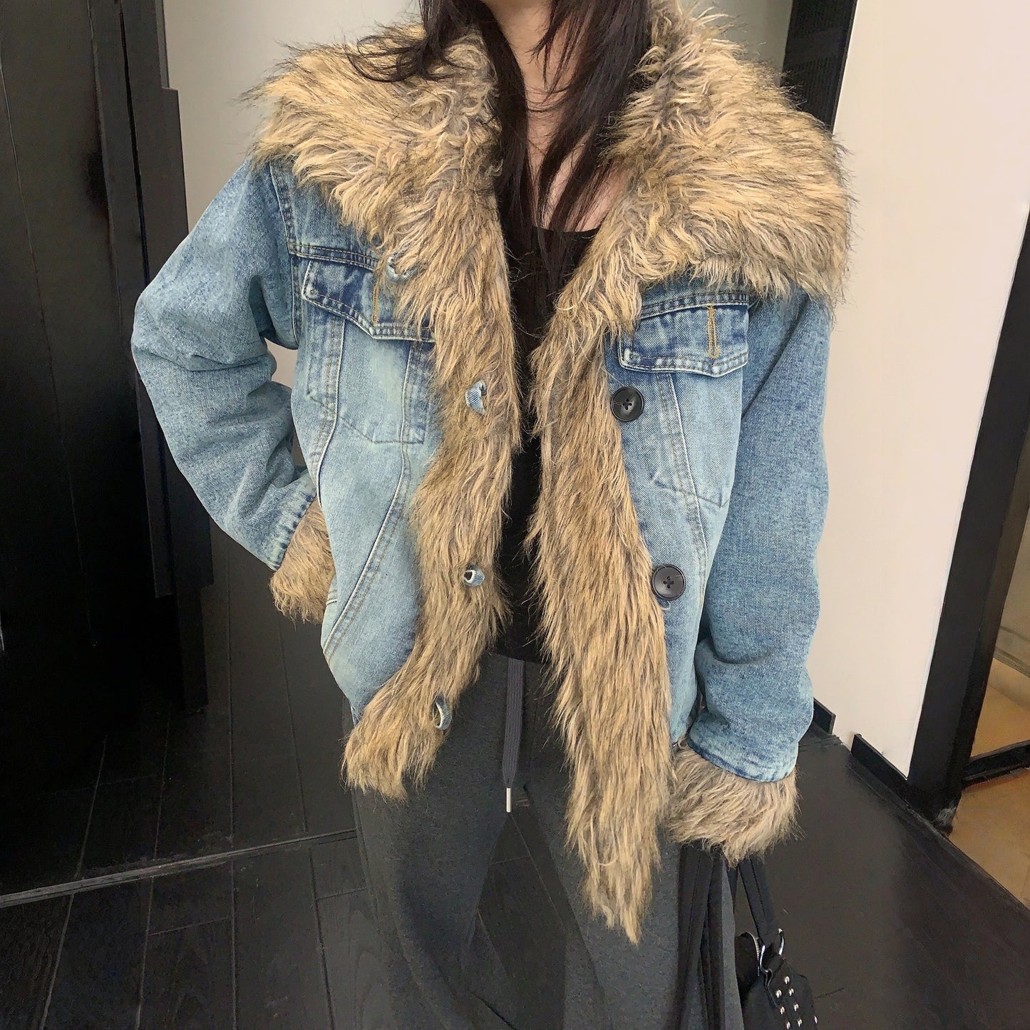 【アウター】ボア レトロ 切り替え  デニム 中綿ジャケット 【FCシリーズ】