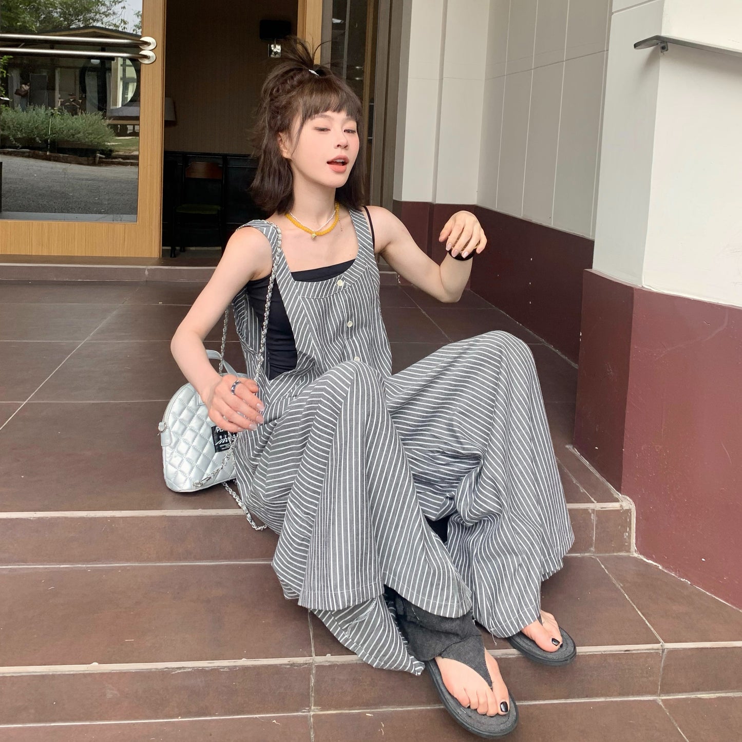 【ボトムス】夏新作 ゆるさ満点 オーバーサイズ ストライプキャミサロペット リラックスコーデ オールインワン【SHシリーズ】