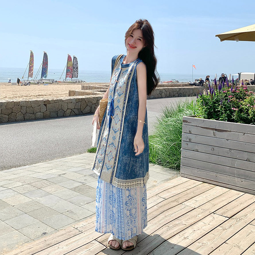 2点セット！【セットアップ】夏 ボヘミアン民族風プリント ベストワンピース＋スカート 2点セット【SHシリーズ】